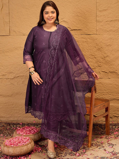 Dhiyona IN Floral Embroidered A-Line Kurta with Trousers & Dupatta