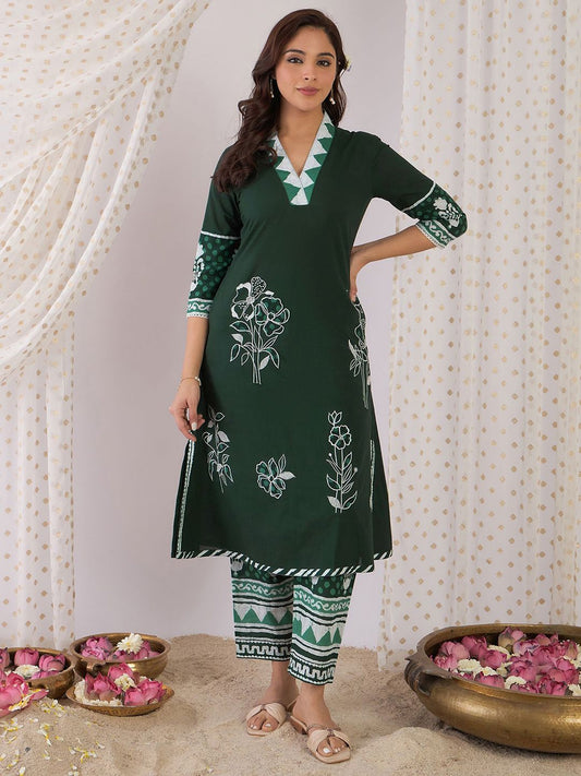 Dhiyona IE Floral Printed Pure Cotton V Neck Straight Tunic And Trousers