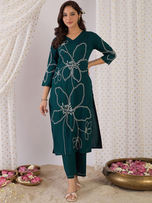 Dhiyona IE Women Floral Embroidered Regular Thread Work Kurta with Palazzos