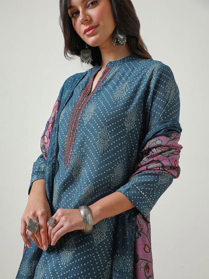 Dhiyona SO Women's Bandhani Printed Mandarin Collar Thread Work A Line Kurta with Palazzos & Dupatta
