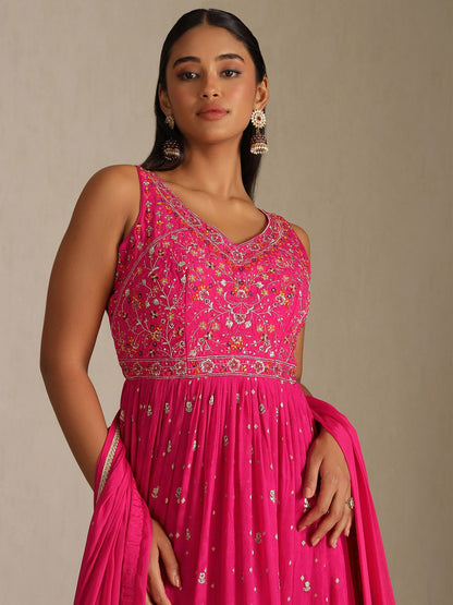 Dhiyona SO Women's Floral Embroidered V-Neck Sequinned Anarkali Kurta With Leggings & Dupatta
