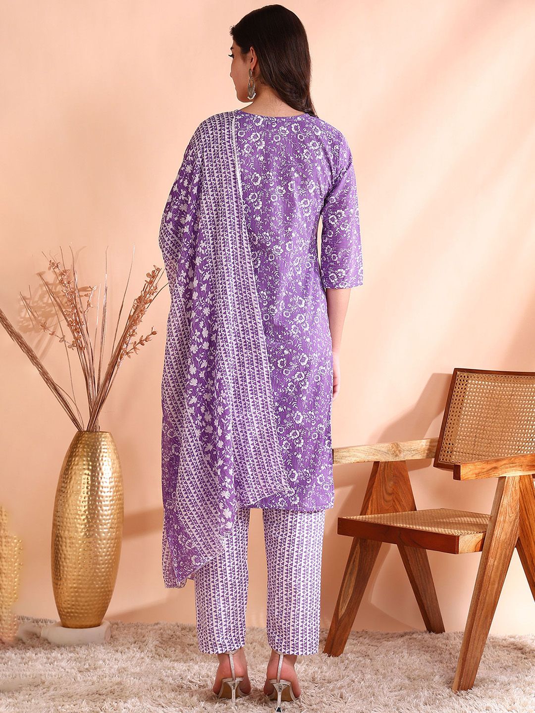 Dhiyona OD  Printed Mirror Work Pure Cotton Kurta With Trouser & Dupatta