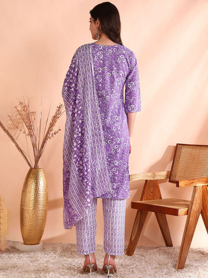 Dhiyona OD  Printed Mirror Work Pure Cotton Kurta With Trouser & Dupatta