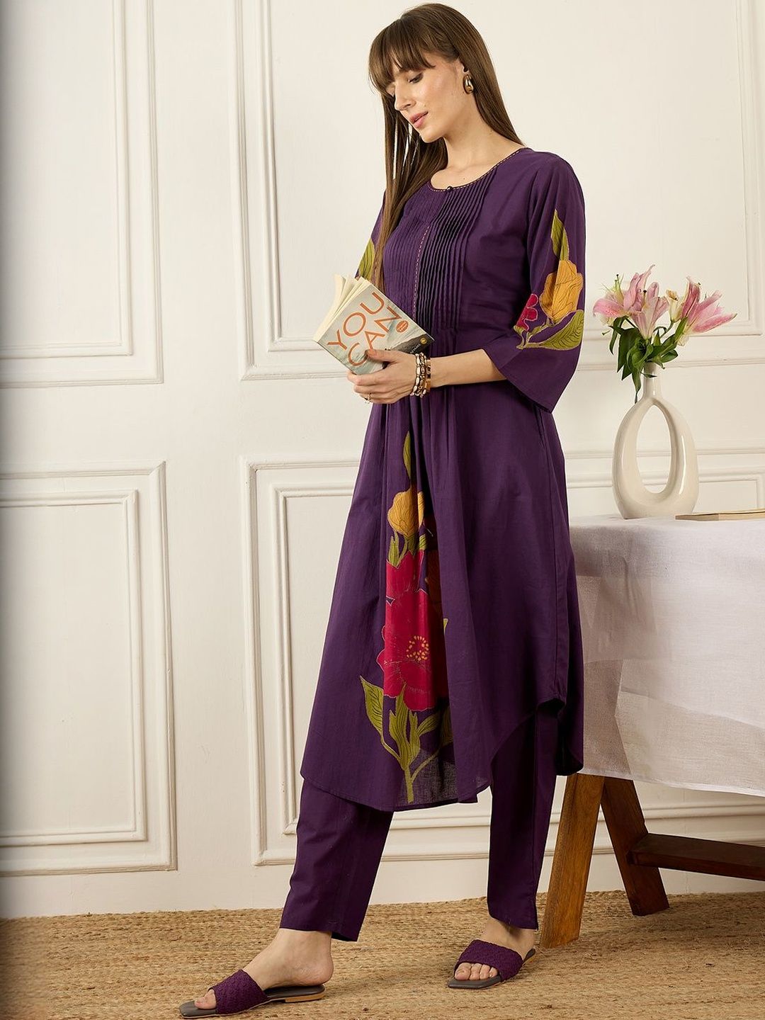 Floral Printed Thread Work Pure Cotton Kurta With Palazzos