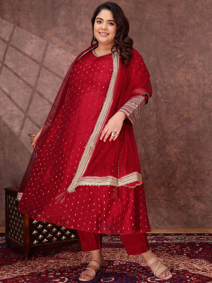 Dhiyona IN Woven Design V Neck A Line Chanderi Silk Kurta With Trousers & Dupatta