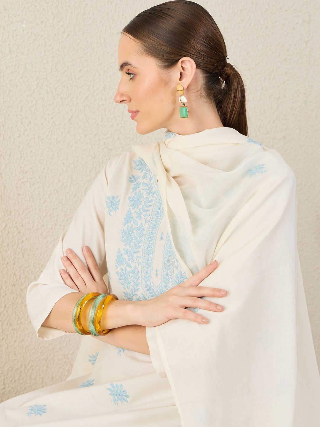 Women Floral Embroidered Cotton Kurta with Trousers & Dupatta