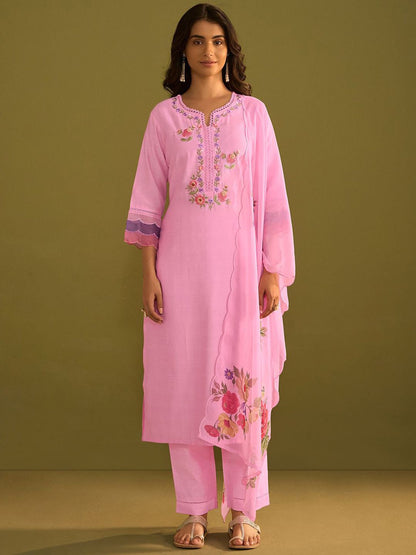 Women Floral Embroidered Regular Thread Work Kurta with Trousers & With Dupatta