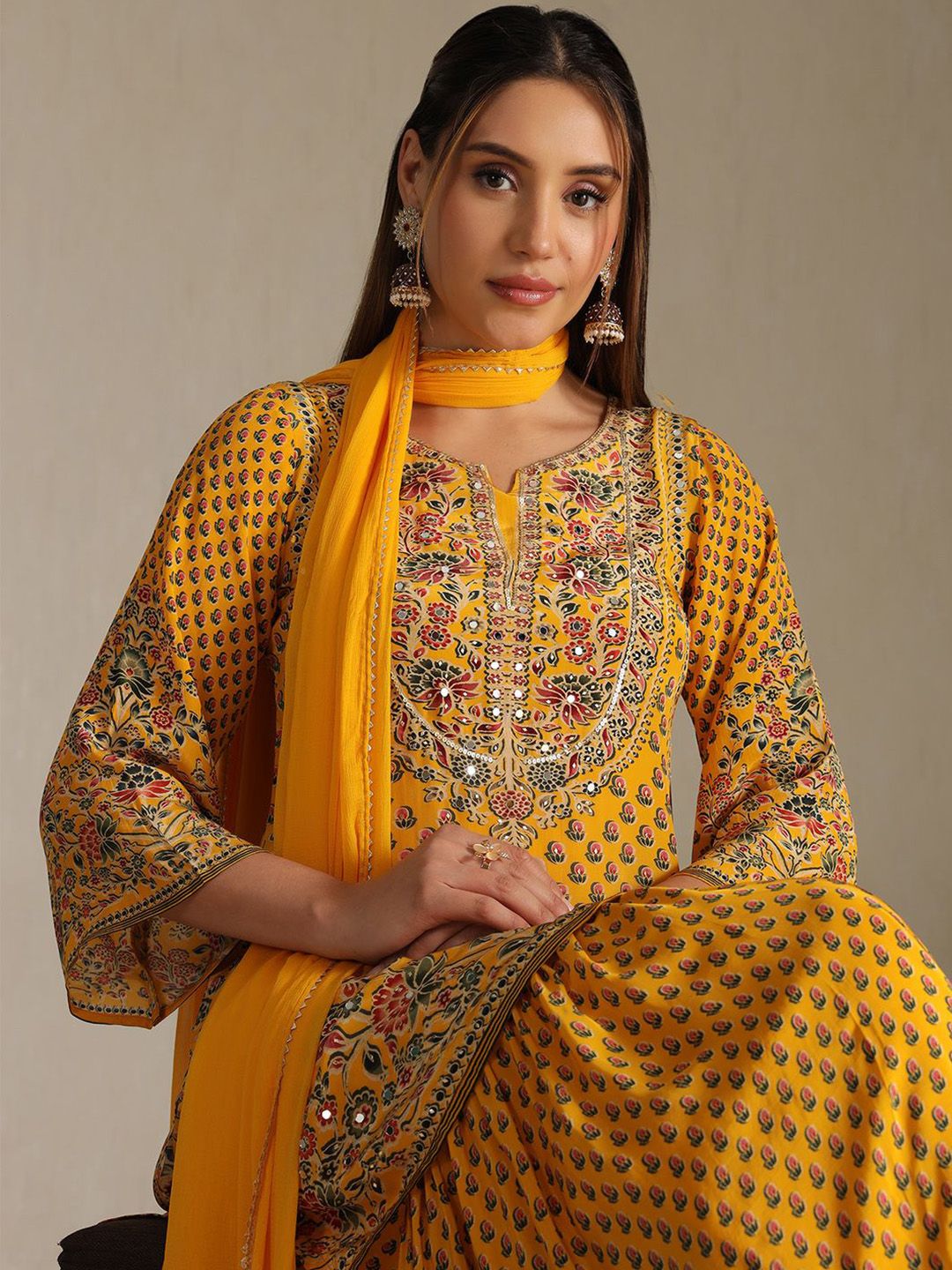 Dhiyona SO Women's Floral Printed Mirror Work Straight Kurta With Sharara And Dupatta