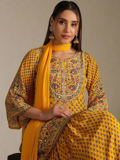 Dhiyona SO Women's Floral Printed Mirror Work Straight Kurta With Sharara And Dupatta