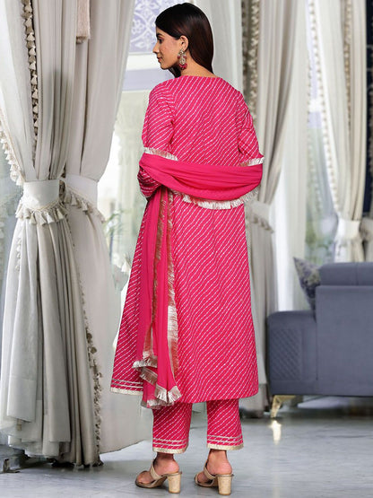 Dhiyona VA Women's Leheriya Printed Pleated Gotta Patti Pure Cotton Kurta with Trousers & With Dupatta