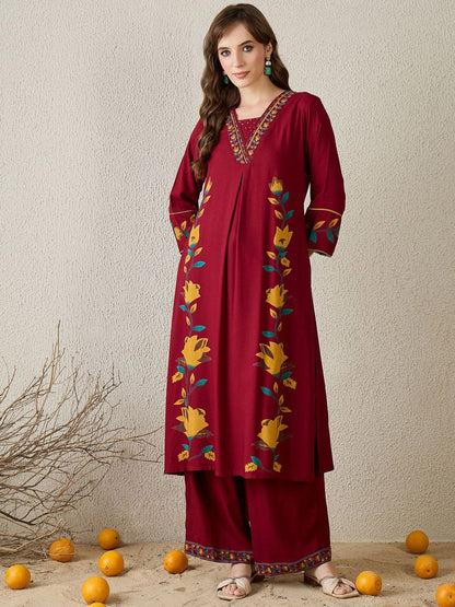 Dhiyona IE Floral Printed V-Neck Top With Trousers Co-Ords