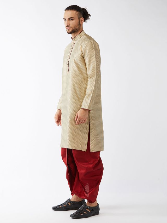 Men's Beige Silk Blend Straight Kurta and Dhoti Set