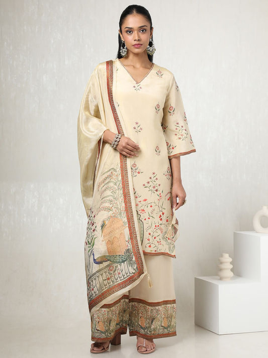 Dhiyona SO Women's Women Floral Printed Regular Beads and Stones Kurta with Palazzos & With Dupatta