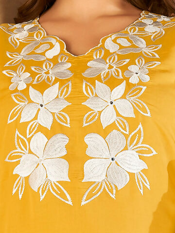 Women's Yellow Embroidered Straight Kurta Trousers With Dupatta set