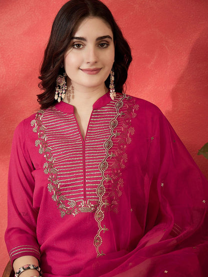 Dhiyona SN Women's Floral Embroidered Mandarin Collar Sequinned Straight Kurta Trousers & Dupatta