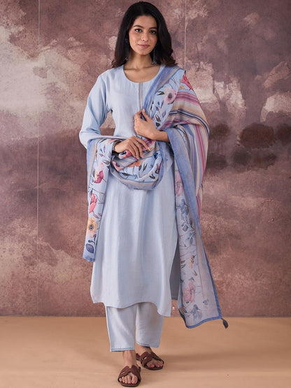 Self Design Regular Thread Work Kurta With Trousers & Dupatta