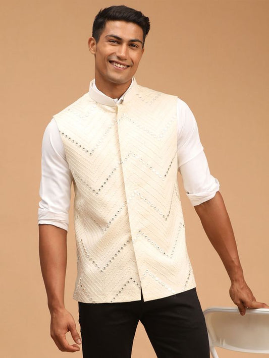 Men's Cream Viscose Straight Nehru Jacket