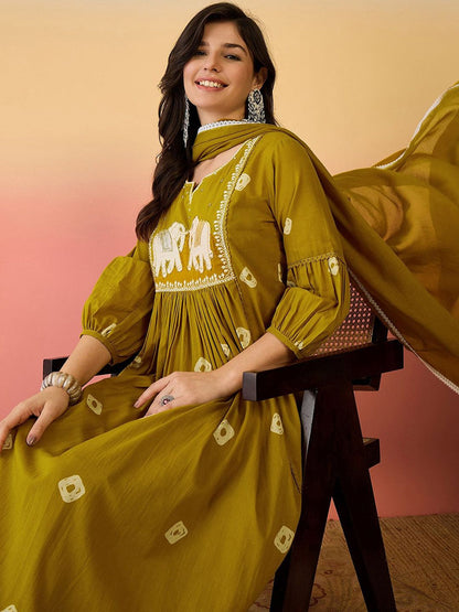 Dhiyona SN Women's Ethnic Motifs Embroidered Sequinned Pure Cotton Kurta And Trouser With Dupatta