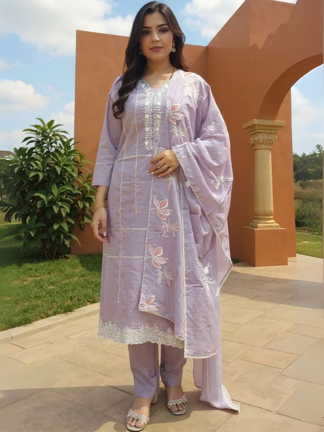 Dhiyona IE Women Ethnic Motifs Embroidered Cotton Kurta with Trousers & Dupatta