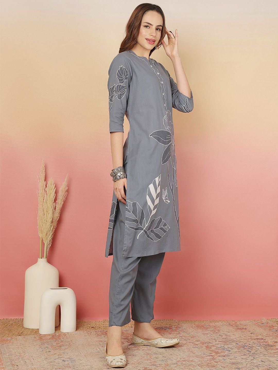Dhiyona SN Women's Floral Printed Cotton Kurta with Trousers & Dupatta
