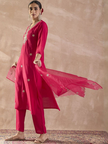 Ethnic Motifs Embroidered V-Neck Thread Work Kurta With Trousers & Dupatta