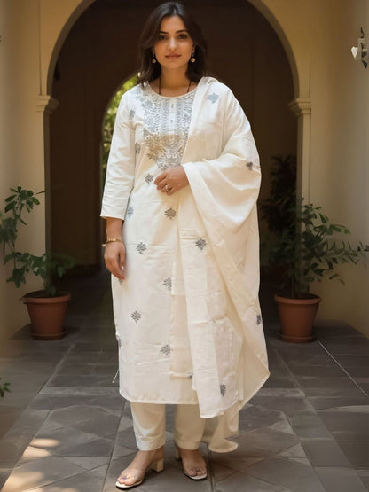 Women Ethnic Motifs Embroidered Regular Thread Work Pure Cotton Kurta with Trousers & With Dupatta