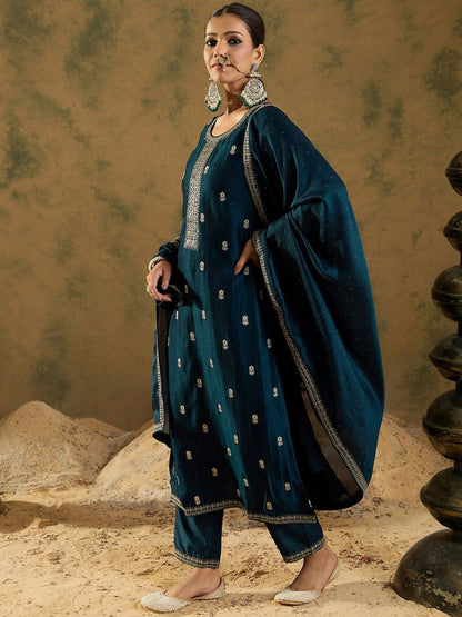 Ethnic Embroidered Thread Work Round Neck Silk Blend Kurta with Trouser & Dupatta