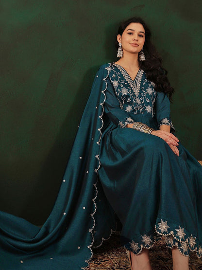 Dhiyona SN Women's Teal Floral Embroidered V-Neck Tread Work Anarkali Kurta & Trouser With Dupatta