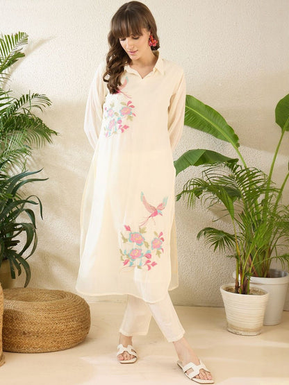 Dhiyona IE Printed Shirt Collar Three-Quarter Sleeves Pure Cotton Top With Trousers