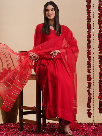 Women's Solid Round Neck Regular Anarkali Kurta with Trousers & Dupatta