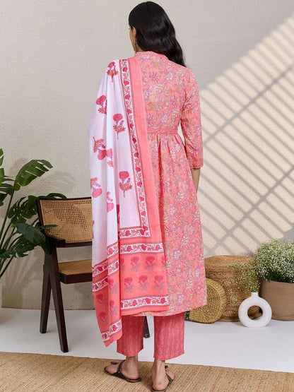 Women Floral Printed Empire Pure Cotton Kurta with Trousers & With Dupatta
