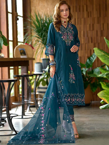 Women Floral Embroidered Panelled Sequinned Kurta with Trousers & Dupatta