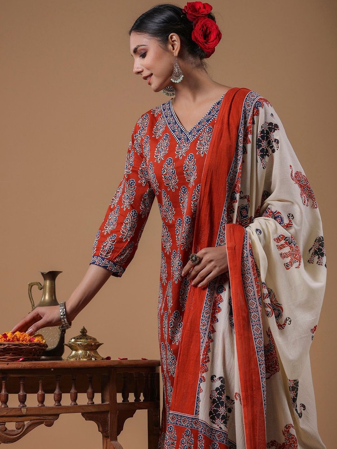 Ethnic Motifs Printed Regular Pure Cotton Kurta With Trouser And Dupatta