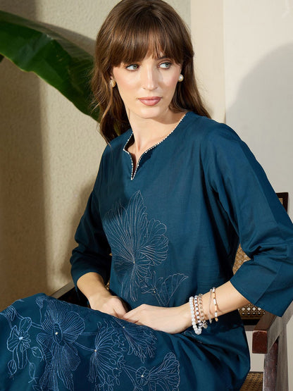 Women Pure Cotton Floral Embroidered Regular Thread Work Kurta With Trousers