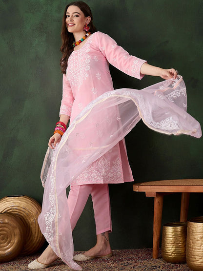 Dhiyona SN Women's Pink and White Floral Embroidered Thread Work Cotton Kurta & Trouser With Dupatta