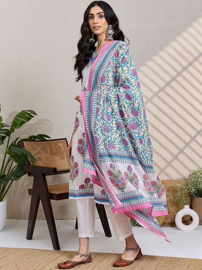 Women Floral Printed Regular Pure Cotton Kurta with Trousers & With Dupatta