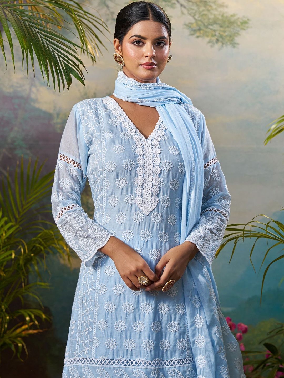 Women Ethnic Motifs Embroidered Regular Chikankari Pure Cotton Kurta with Trousers & With Dupatta