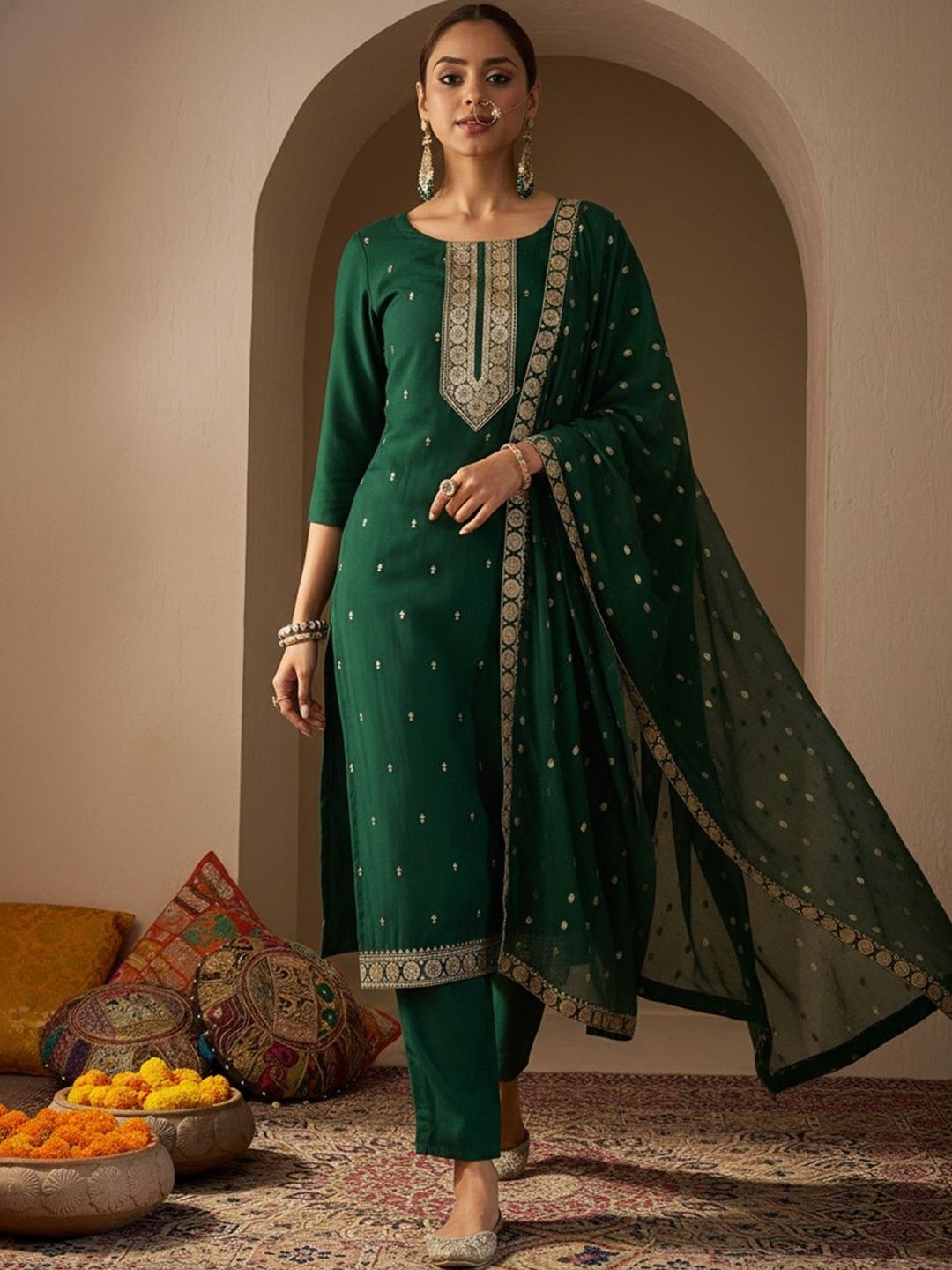 Ethnic Motifs Embroidered Straight Thread Work Kurta With Trousers & Dupatta