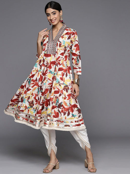 Dhiyona VA Women'sFloral Printed Panelled Mirror Work Pure Cotton Kurta With Dhoti Pants