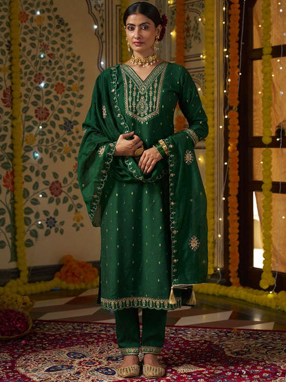 Dhiyona CH Floral Embroidered V-Neck Mirror Work Straight Kurta With Trousers & Dupatta