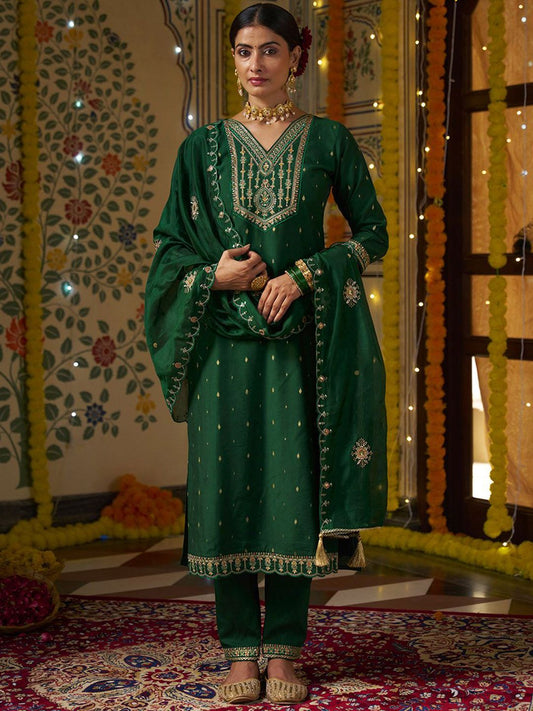 Dhiyona CH Floral Embroidered V-Neck Mirror Work Straight Kurta With Trousers & Dupatta