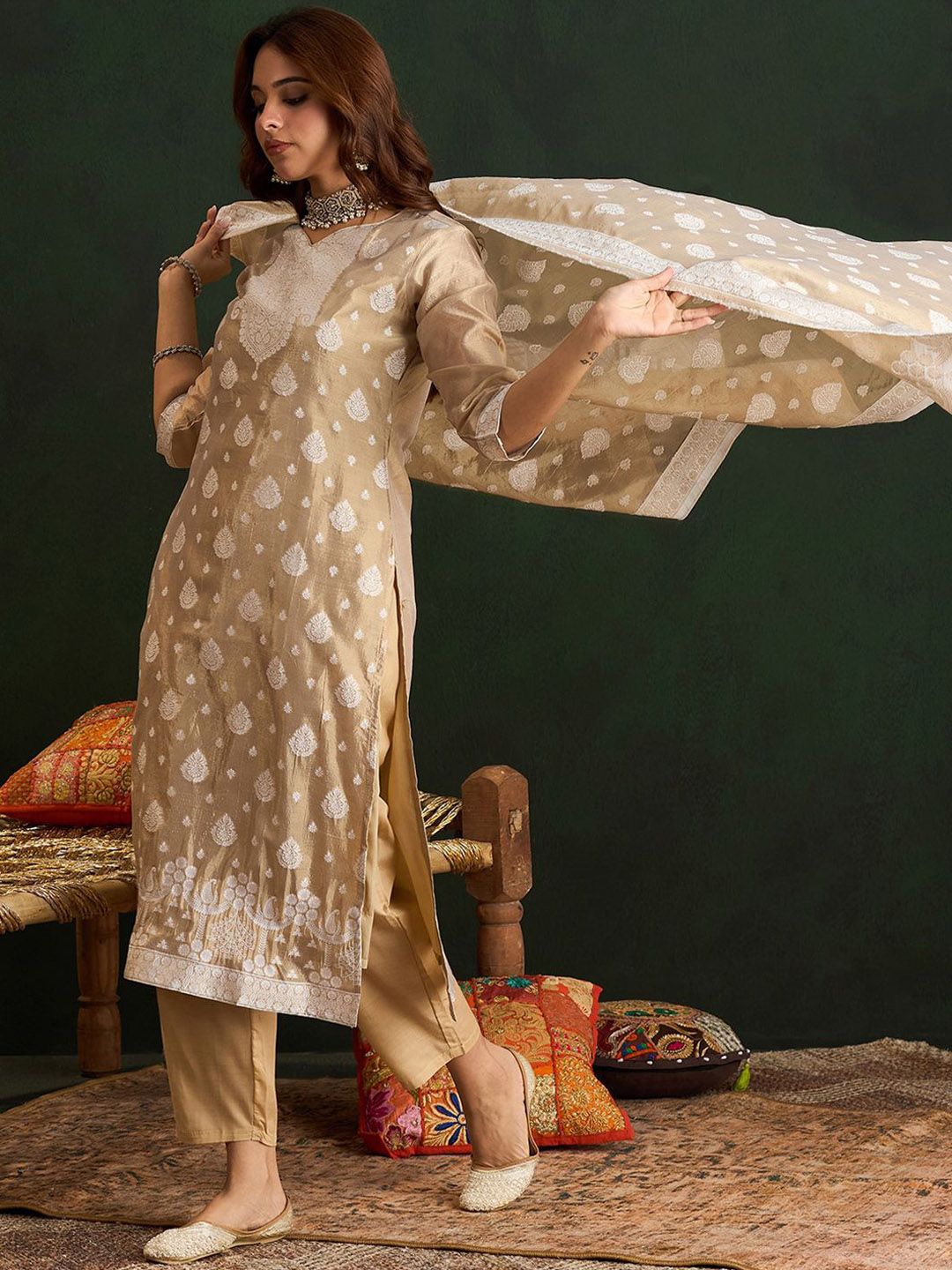 Ethnic Motifs Woven Design Straight Kurta With Trousers & Dupatta
