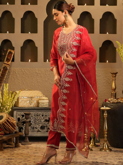 Dhiyona IE Women's Women Ethnic Motifs Embroidered Regular Liva Kurta with Trousers & With Dupatta