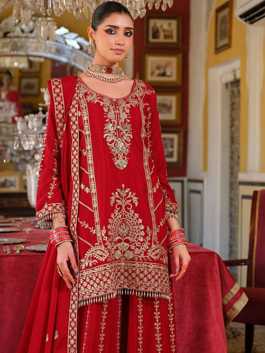 Women Ethnic Motifs Embroidered Mirror Work Kurta with Palazzos & Dupatta