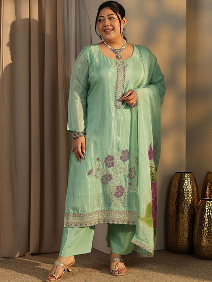 Dhiyona Women's Plus Size Floral Embroidered Kurta with Trousers & Dupatta
