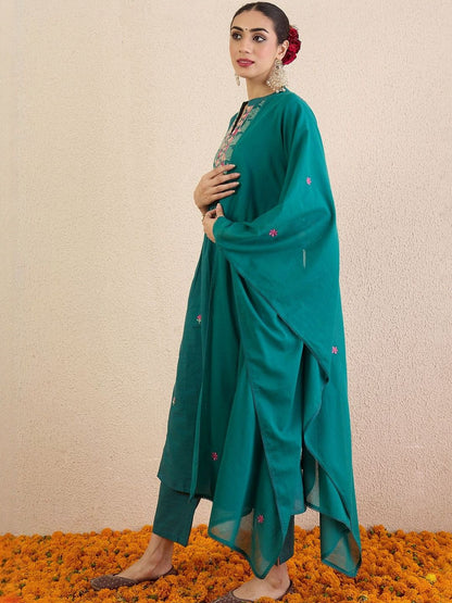 Women Ethnic Motifs Embroidered Cotton A-Line Kurta with Trousers & Dupatta