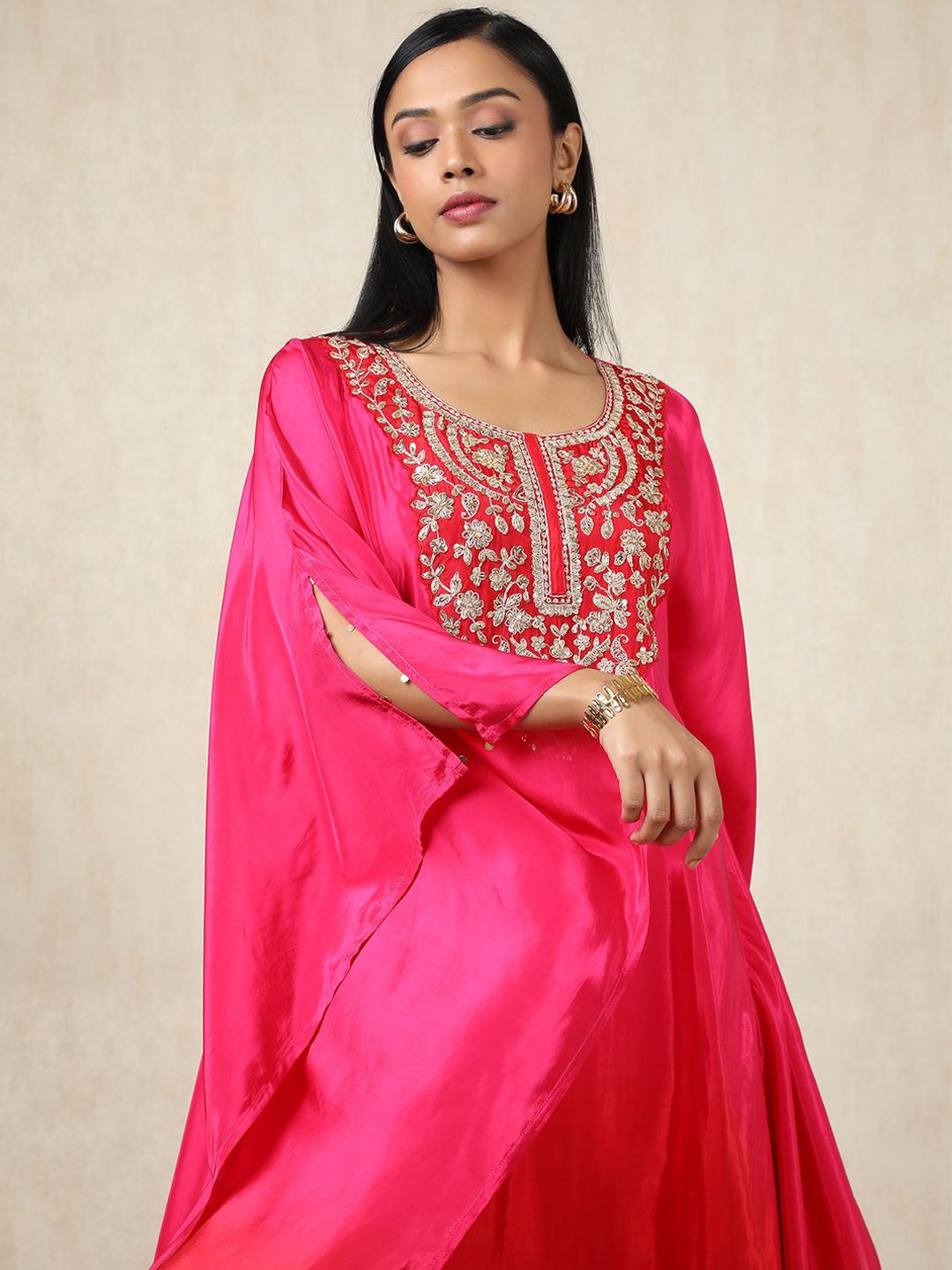 Dhiyona SO Women's Floral Yoke Design Sequinned Silk Crepe Kaftan Kurta With Trouser