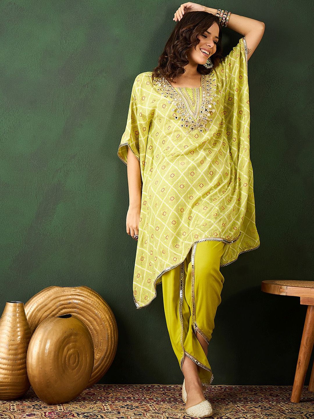 Dhiyona SN Women's Green Bandhani Printed Gotta Patti Asymmetric Kaftan With Dhoti Pant