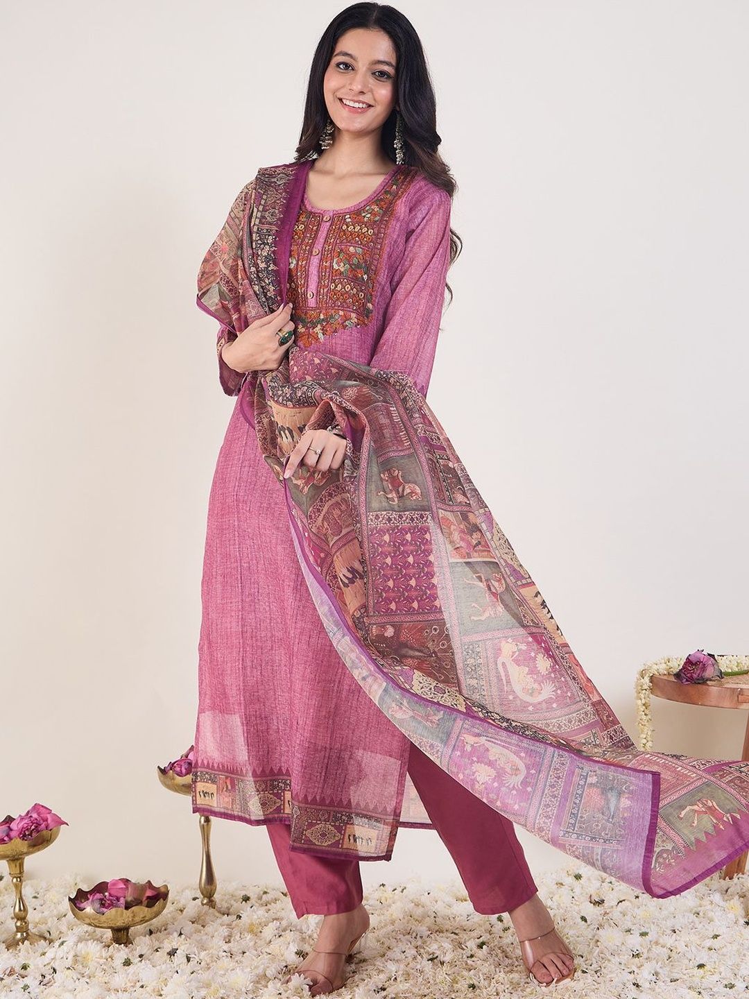 Embroidered Round Neck Thread Work Chanderi Cotton Kurta With Trousers & Dupatta