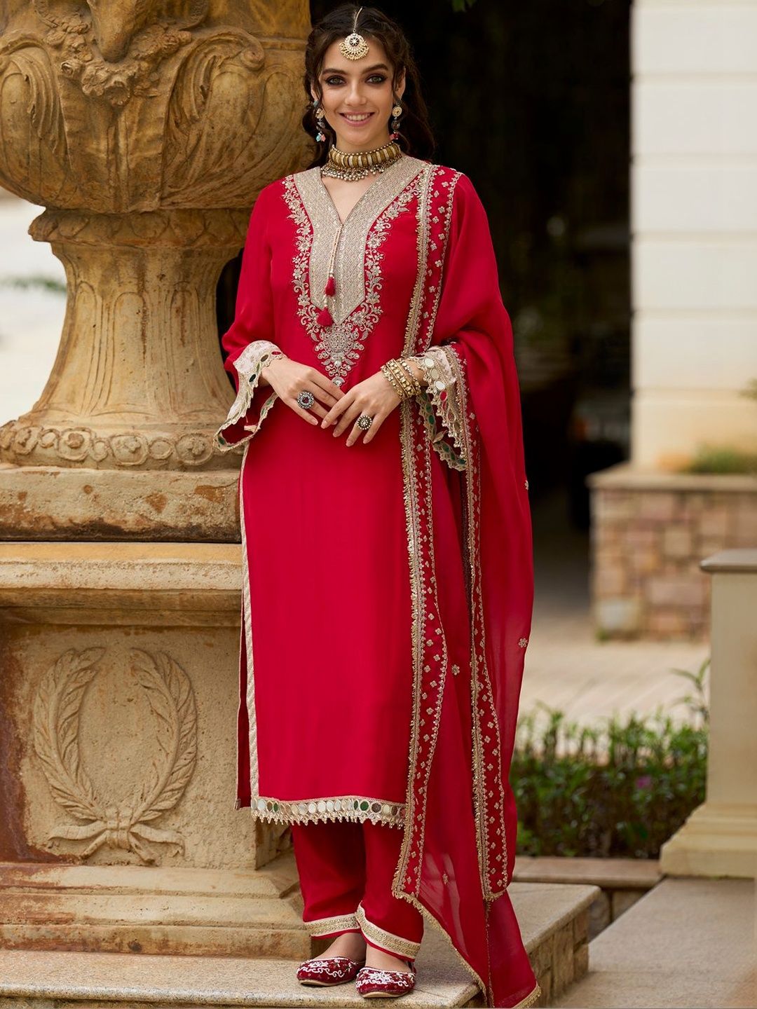 Ethnic Motifs Embroidered V-Neck Mirror Work Kurta With Trousers & Dupatta